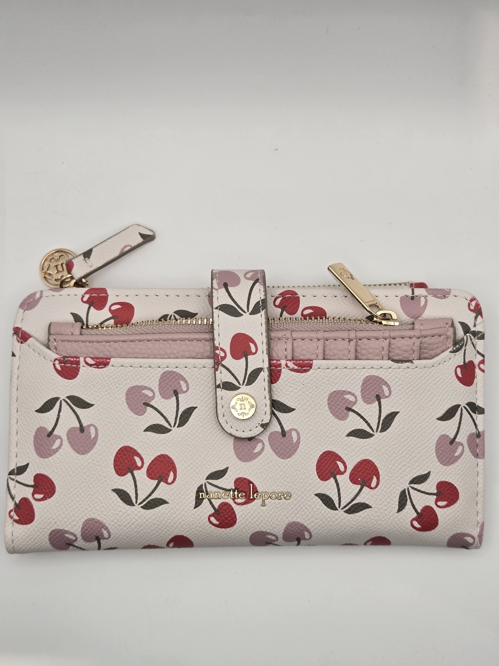 Nanette Lepore Pink Cherry Print Zip-Around Wallet with Gold Accents